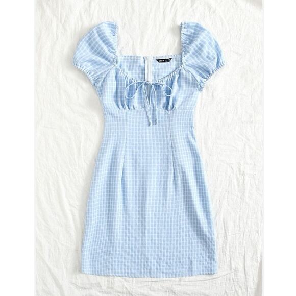 NWOT SHEIN Gingham Blue Mini Short Sleeve Babydoll Dress Women’s Size Small - Picture 1 of 6